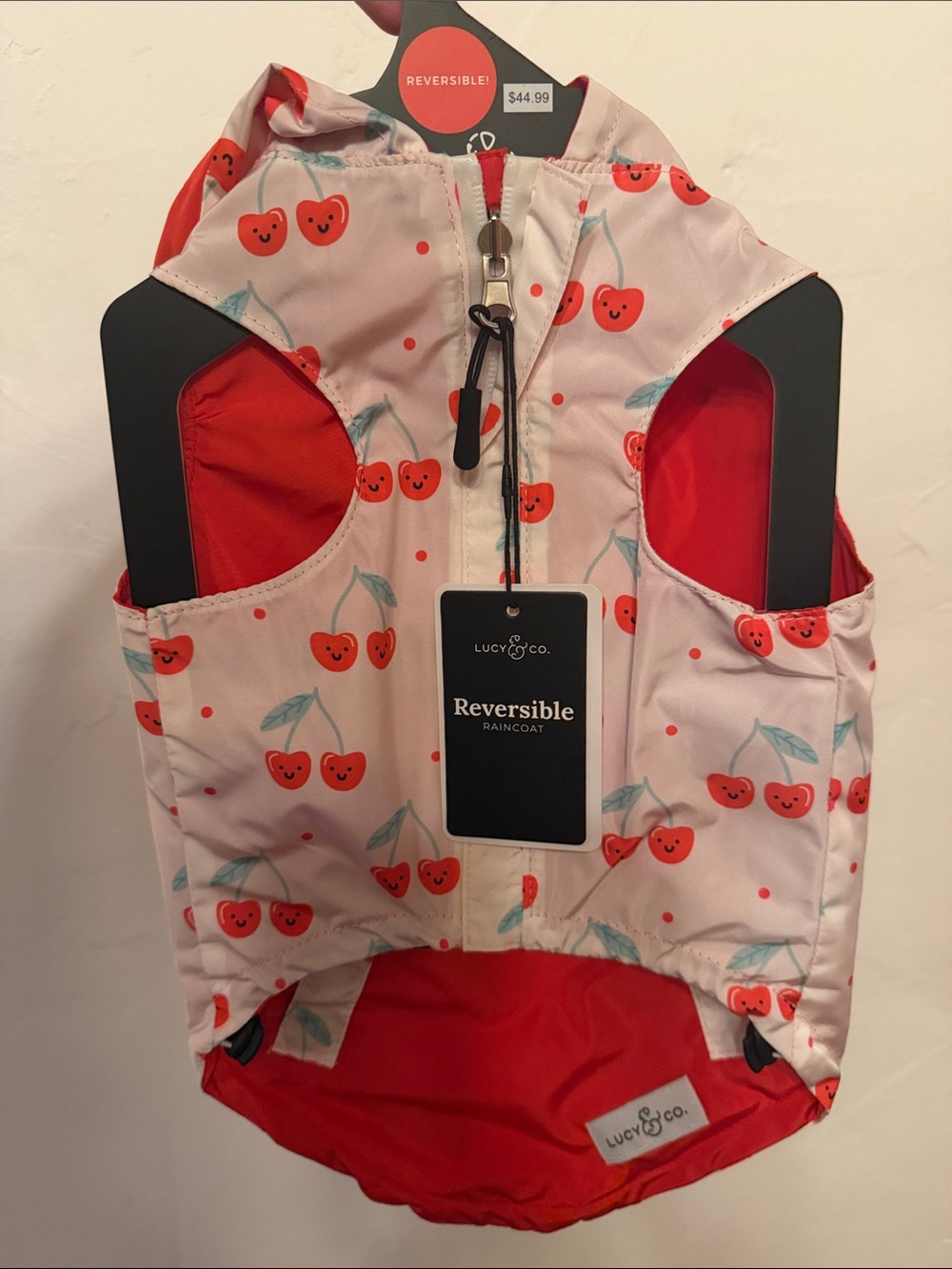 NWT Lucy & Co. Reversible Dog Raincoat Vest - Cherry Print & Red
